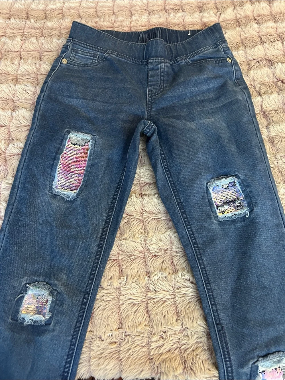 Justice Girls Dark Blue Skinny Jeans with Sequin Patch Details size 12